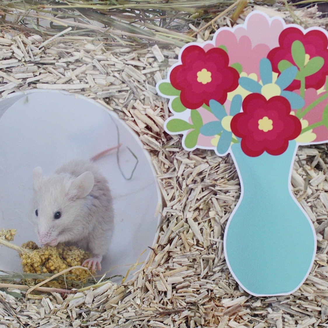Mouse with flower bouquet Furnishables static cling sticker on the front of tank