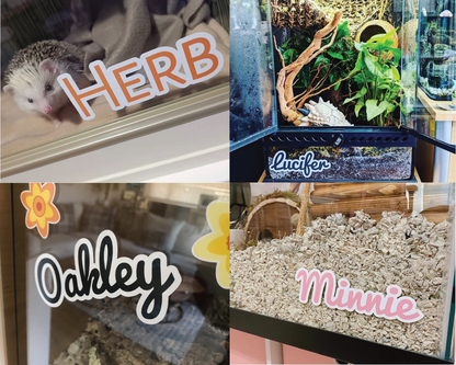 Four images of pet name stickers on different small pet enclosures