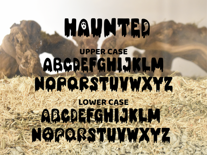 Font & text examples of spooky pet name stickers by Furnishables