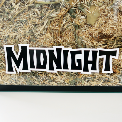 A Furnishables static cling name sticker in a spooky style font, stuck to the front of a glass pet enclosure.