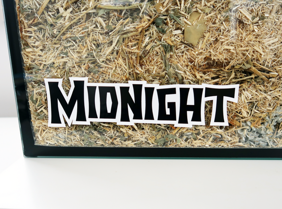 A Furnishables static cling name sticker in a spooky style font, stuck to the front of a glass pet enclosure.