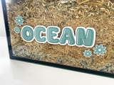 Aqua static cling name sticker by Furnishables stuck to the front of a glass pet enclosure