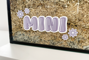 Purple static cling name sticker by Furnishables stuck to the front of a glass pet enclosure