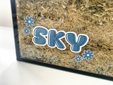 Blue static cling name sticker by Furnishables stuck to the front of a glass pet enclosure